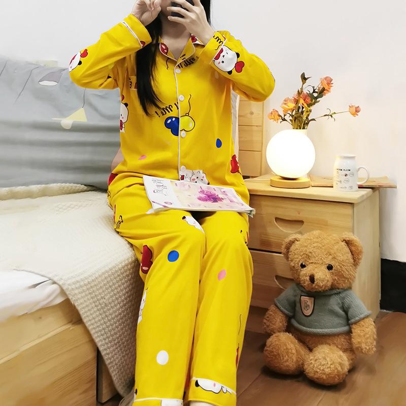 Spring And Autumn Pajamas Women'S Cardigan Long-Sleeved Trousers Korean Girls' Simple Cartoon Loungewear Suit Can Be Worn Outside
