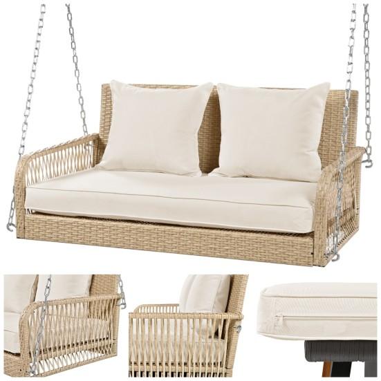 Metallketten-Schaukelstuhl mit Sitz- und Rückenpolstern Rattan-Geflecht Doppelsitze Waschbar Garten-Hänge-Schaukel-Lounge Zuhause