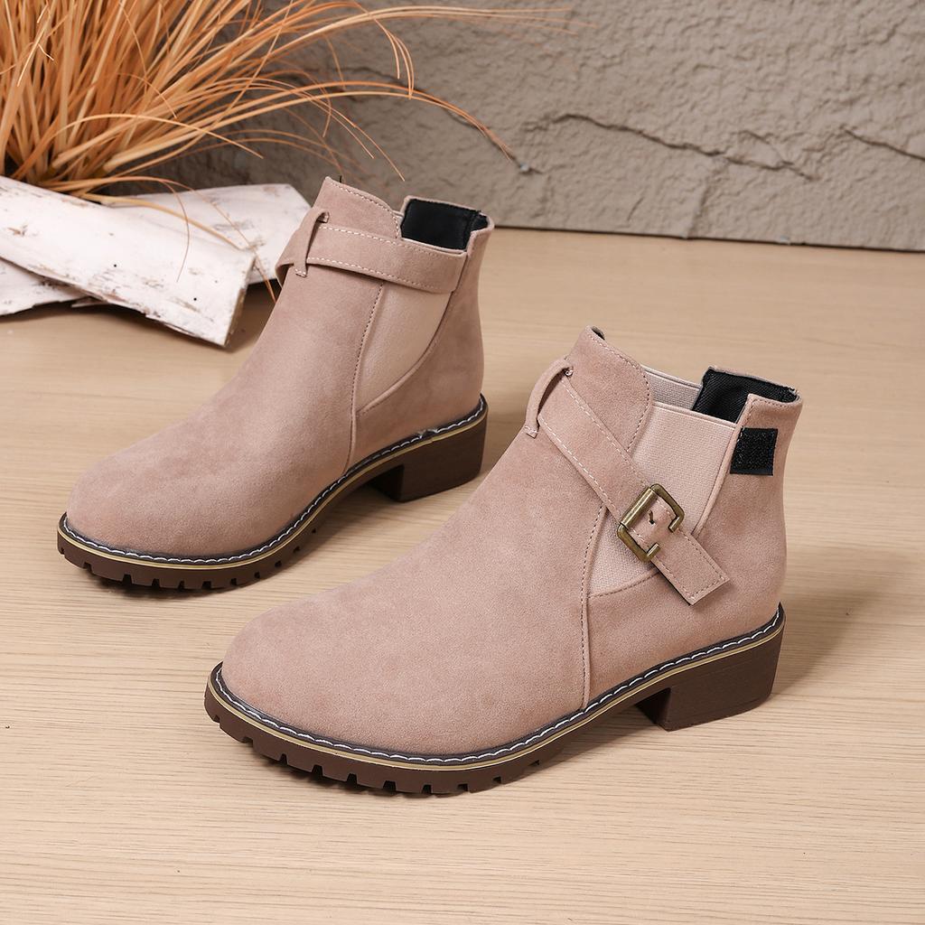 Women's Boots 2026 Autumn Winter Thick Bottom Belt Buckle Decoration Round Head Short Boots Polyurethane Material Ankle Boots
