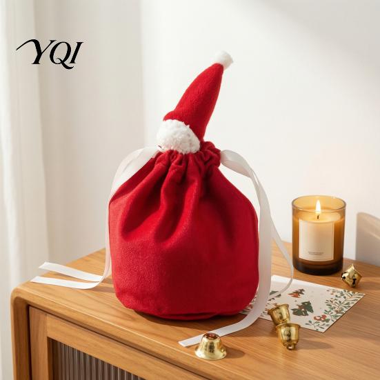Christmas Party Table Decorations Drawstring Gift Bags with Santa Hat, Reusable Velvet Xmas Goodie Sacks, Festive Eve Treat Pouches Candy Apple Pouch