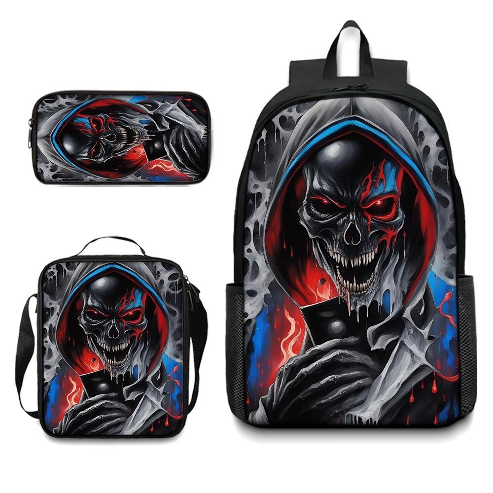 Skull Student Backpack Set Fashion Double Shoulder Bag Crossbody Bag Pencil Case Trendy Accessories Multifunctional School Bag