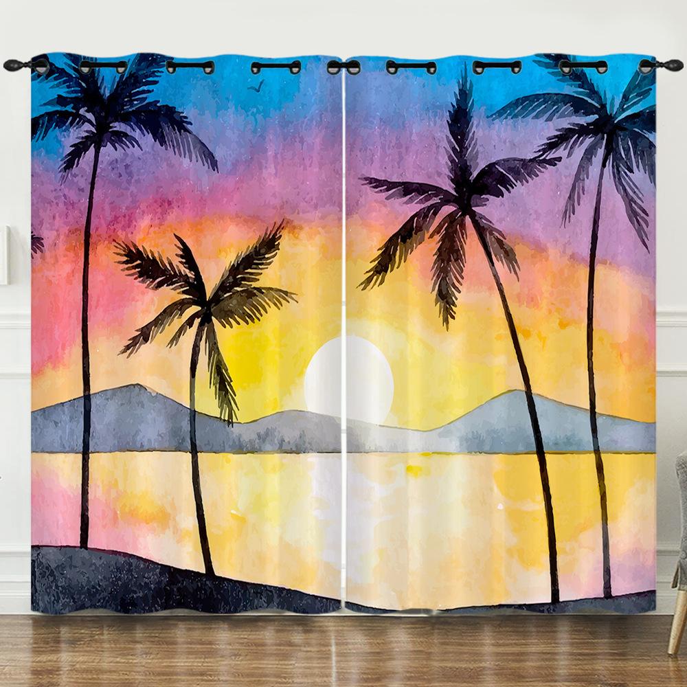 Curtain Summer Coconut Tree Sunset Landscape 3D Digital Printing Blackout Curtain Punching