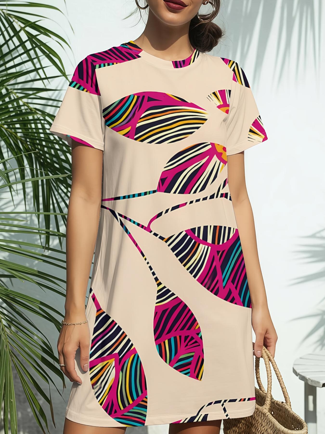 

Leaf Minimalist Print New Women S Round Neck Short Sleeve T-Shirt Dress. American Style Trend Digital Printing. Casual And Versatile for Spring And Su S дубильная кора