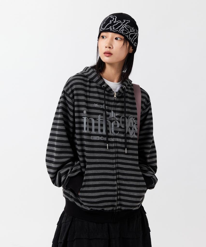 Oddstudio In The Nineties Striped Zip-Up Hoodie - Charcoal / Black