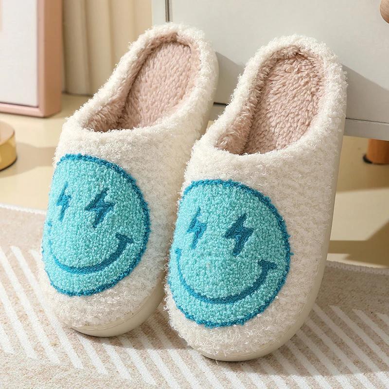 Indoor Leopard Plush Slippers Women Winter Smile Face Warm Fluffy Slippers Women Closed Toe Non-Slip Flat Heel Home Cotton Shoes