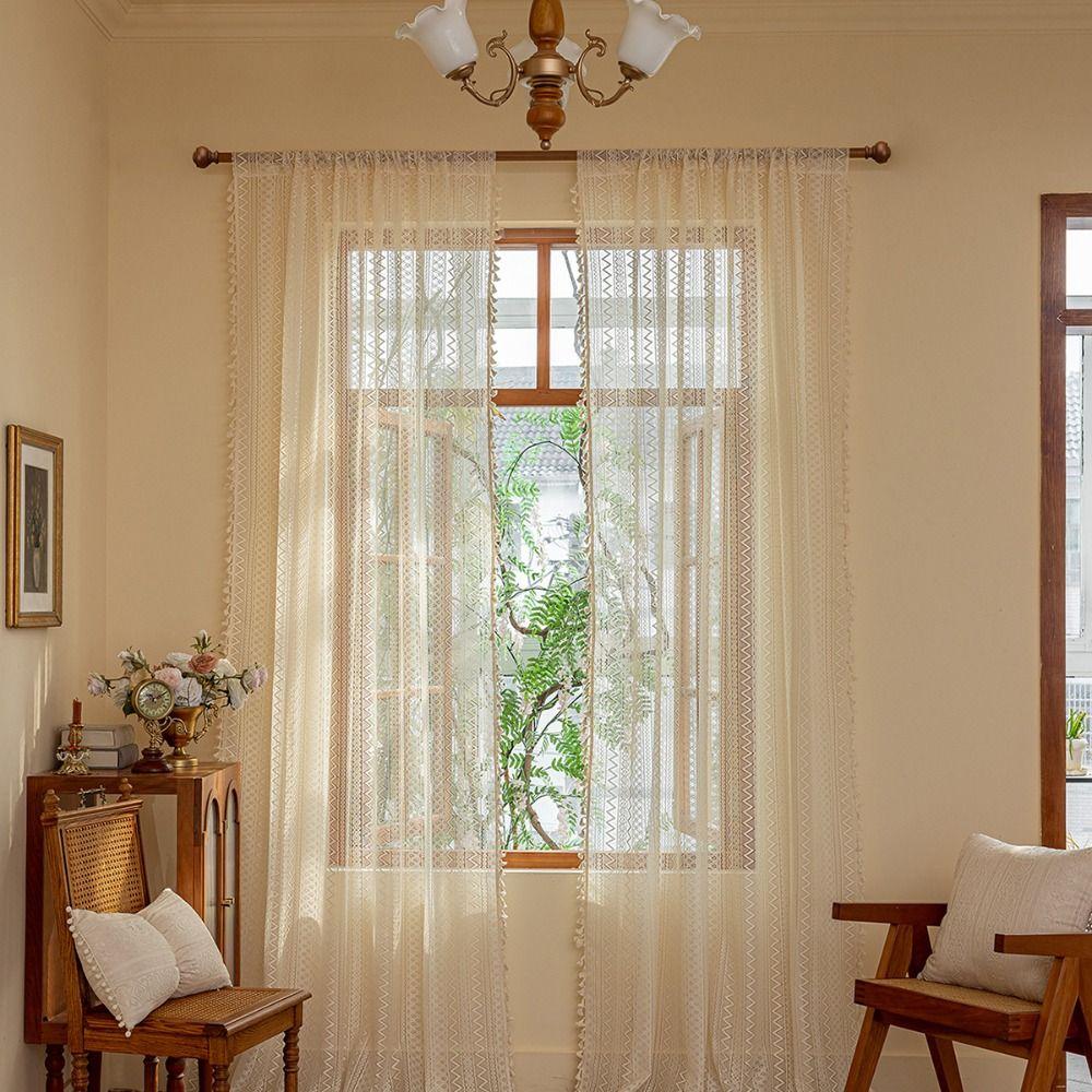 Koronkowa Siatka Okienna w Stylu Boho 140m Zasłona z Frędzlami Retro Woal Tiulowe Zasłony Dekoracja Domu