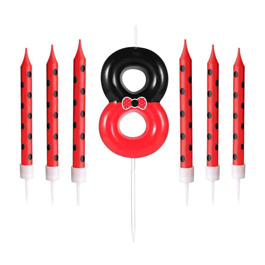 7pcs Black Red Bow Birthday Candles for Boys Girls, Red Mouse Number 0-9 Cartoon Themed Birthday Party Cake Decorations Supplies