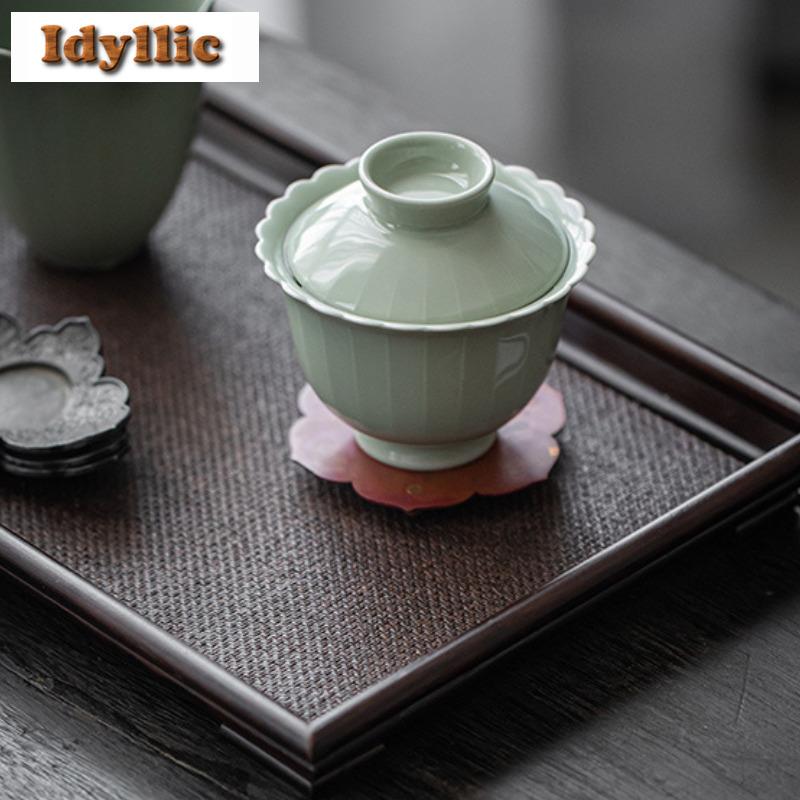 155ml Azure Line Flower Mouth Gaiwan Creative Tea Tureen Tea Bowl With Lid Kit Tea Brewing Cover Bowl Chinese Tea Set Decoration