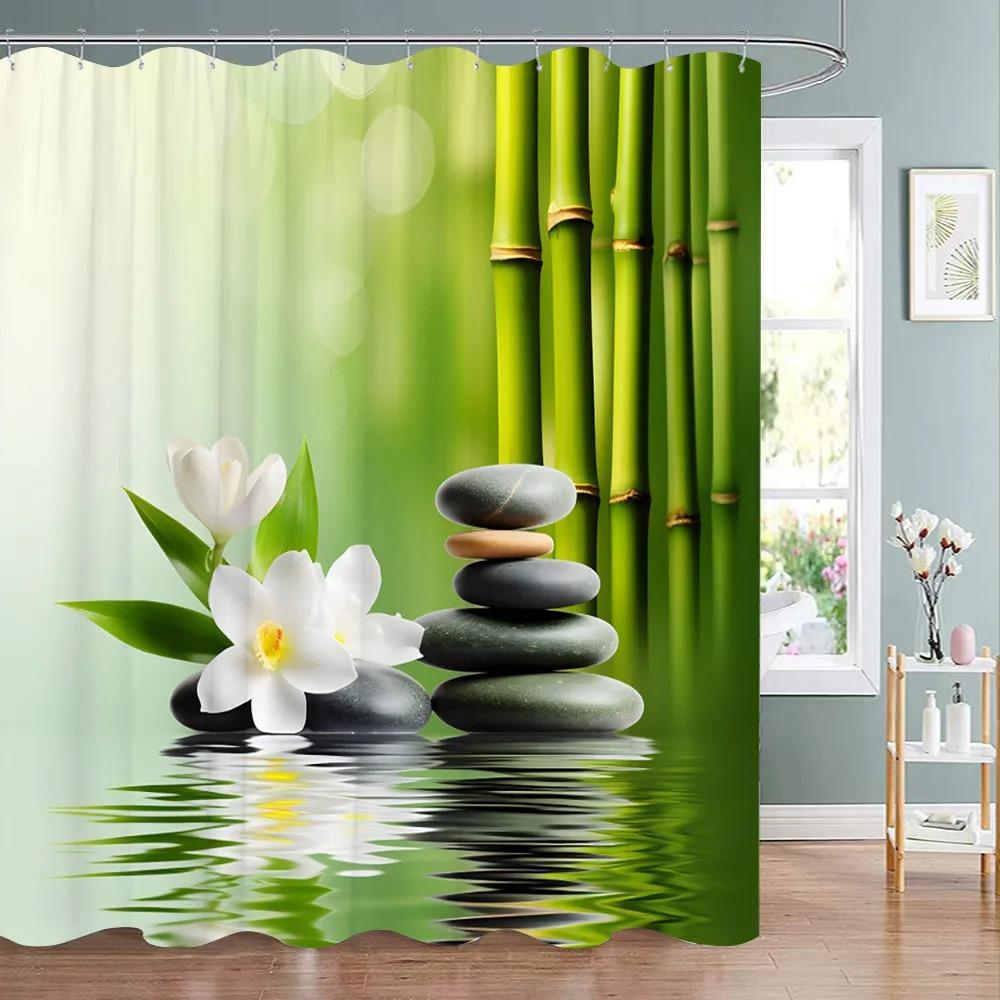Green Bamboo Zen Shower Curtain Zen Stone Flower Flowers Meditation Zen Polyester Fabric Bath Curtains Bathroom Decor With Hooks