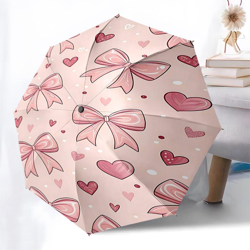 Pink Bow and Heart Patterned Automatic Opening Folding Umbrella with 8 Bone Iron Frame,Suitable for Fans,Travelers,Daily Use,and Festive