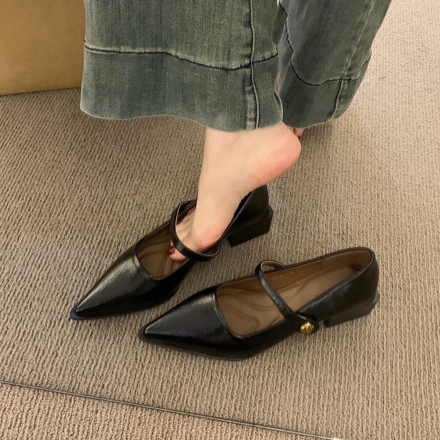 Retro pointed head shallow mouth single shoes women's spring and autumn new fashion small leather shoes thick heel temperament Mary Jane shoes