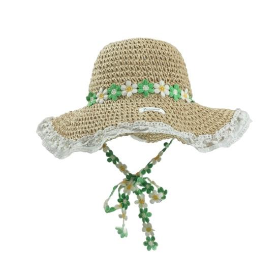 Straw Hat Wide Brim Embroidery Lace Splicing Beach Hat Embroidered Floral Adjustable Chin Strap Summer Sun Protection Hat
