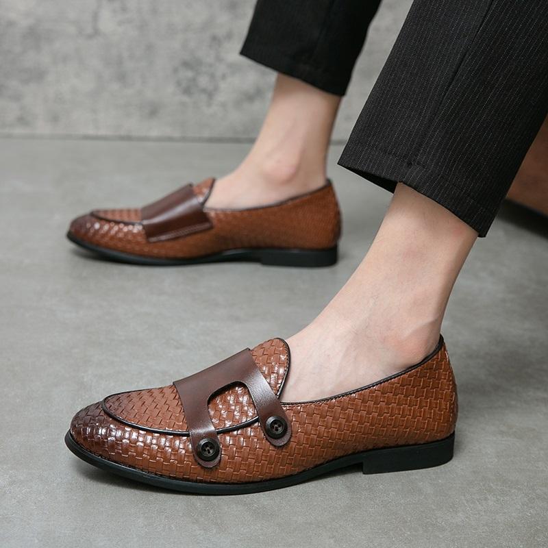 Retro New Men Knit Pattern Patent Leather Casual Monk Strap Shoes Luxury Designer Male Formal Wedding Dress Homecoming Footwear