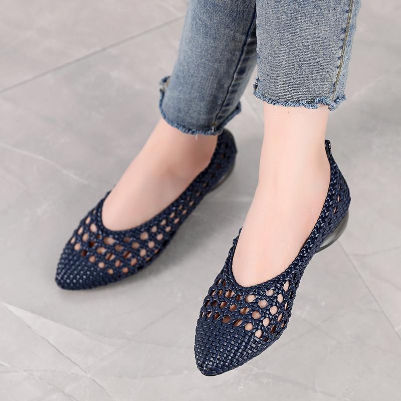 GKTINOO Pumps Sandals Women Pointed Toe Leather Woven Low Heel Soft Sole Outdoor Summer Ladies Shoes