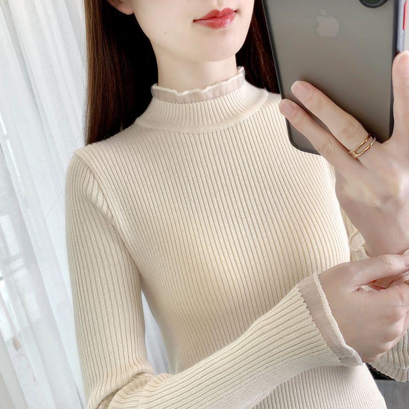 Women s AutumnWinter Slimming Mid-Neck Long Sleeve Knitted Sweater - Solid Color Pullover M 2595₽