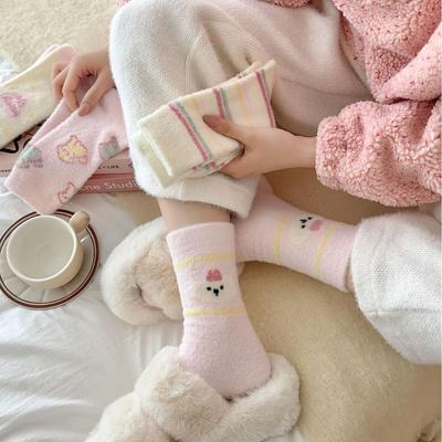 Pink Australian Fleece Socks Thickened Warm Socks Cartoon Striped Cute Plush Floor Socks