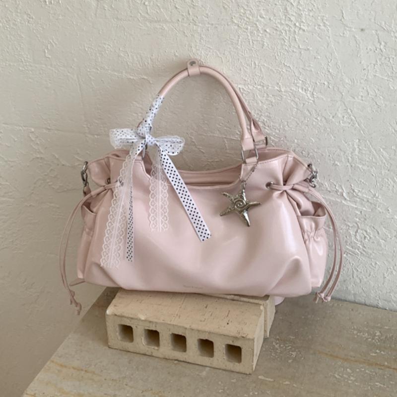 Brand Bow Lace Tote Bag Women Large Capacity Star Charm Handbag Soft Leather Drawstring Shoulder Bag Korean Commut Bucket Bag