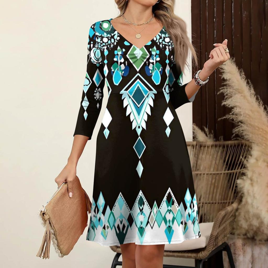 Women's  Casual Loose Comfortable Print V-Neck 3/4 Sleeve Dress