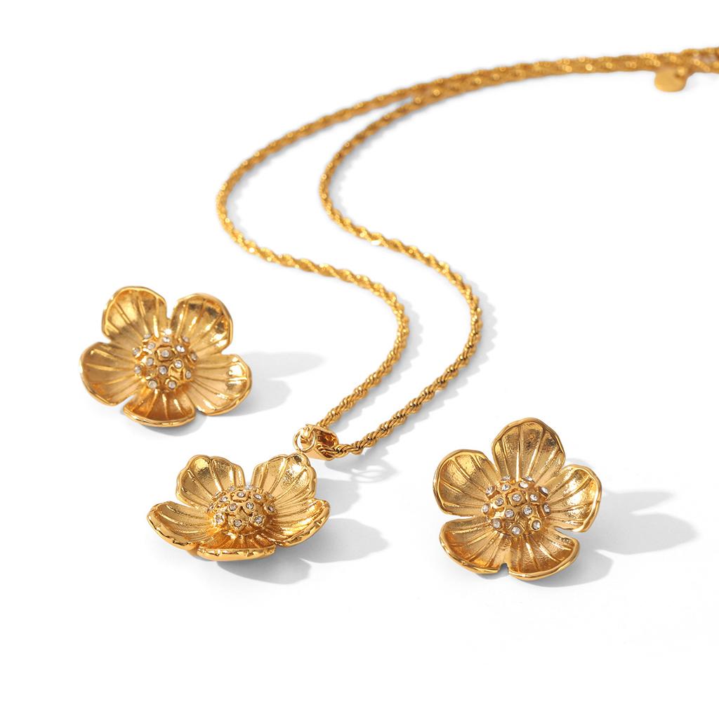 Titanium Steel Pendant Flower Vintage Necklace Diamond-encrusted Earrings Fashionable Versatile Titanium Steel Jewelry