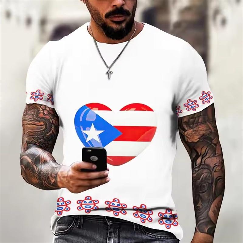 Summer Round Neck Puerto Rico Flag Pattern 3D Print Top Fashionable Casual Short Sleeved Men's T-shirts