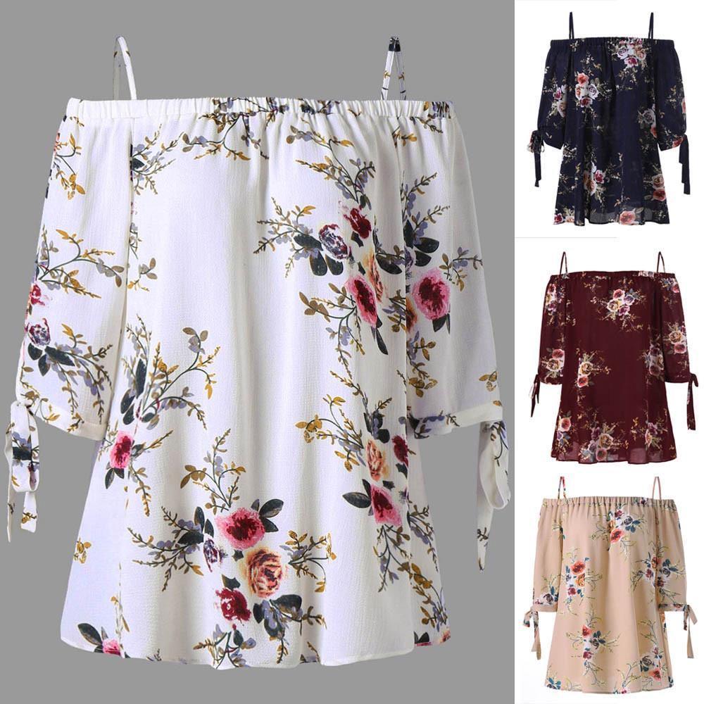 Timeless Fashion Womens Plus Size Floral Print Cold Blouse Camis Casual Shoulder Tops