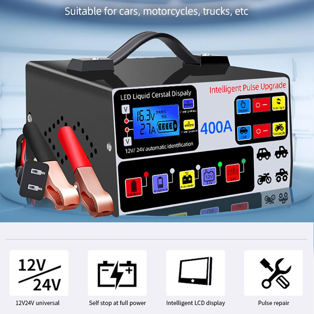 400A Heavy Duty Intelligentes Batterieladegerät 12V/24V Intelligentes Puls-Reparatur-Ladegerät LCD-Anzeige Selbstabschaltung Batterieladegerät Fünfstufig