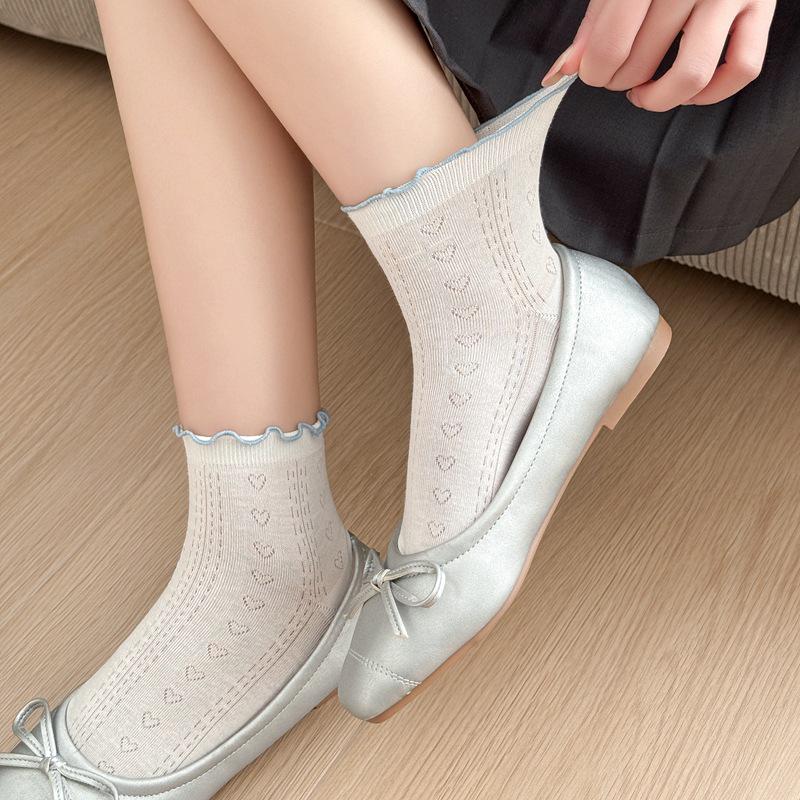 2026 Spring/Summer Heart Ruffle Combed Cotton Ankle Socks: Breathable, Sweat-Absorbing, Japanese Style for Women