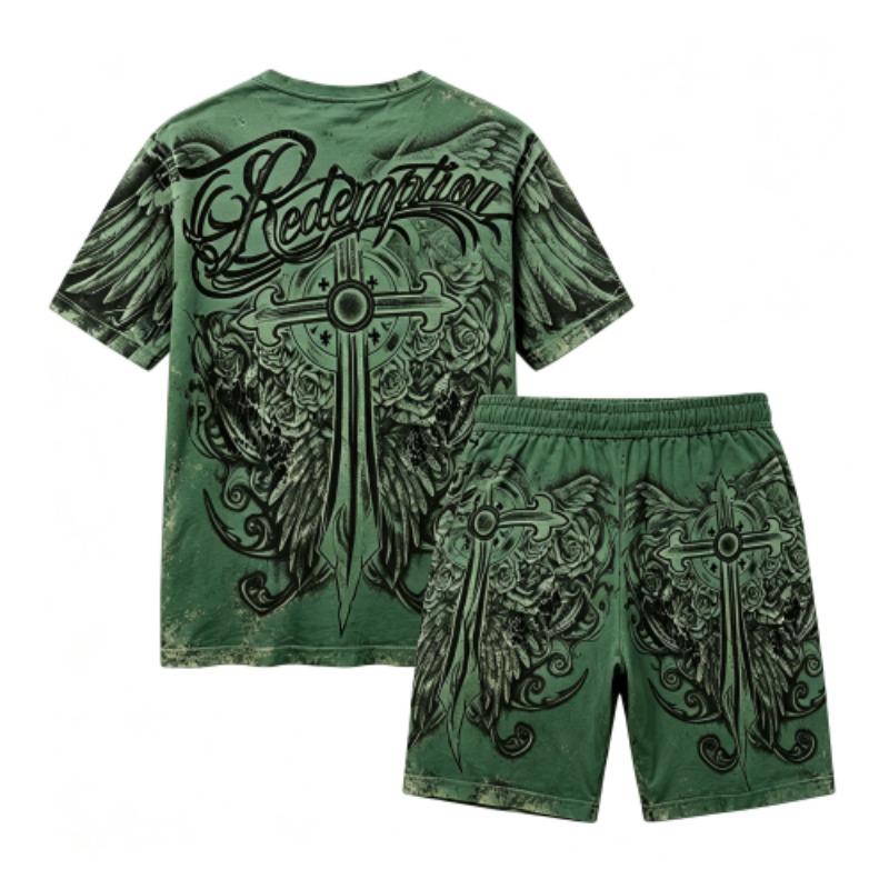 Sommer Gotischer Stil Kreuzschwert Aufdruck Rundhals Kurzarm T-Shirt und Shorts Set Herren und Damen T-Shirt Shorts Set