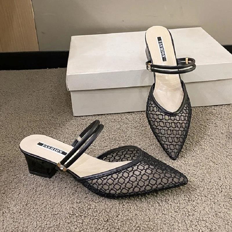 2026 New Sandals for Women Large Size Mid Heels Mesh Breathable Slippers Sexy Pointed Toe Versatile Outwear Solid Color Shoes