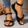 Fashion Vintage Plus Size Sandals Women's Fashion Round Toe Clip Toe Metal Buckle One Strap Anti-Slip Wear-Resistant Flats