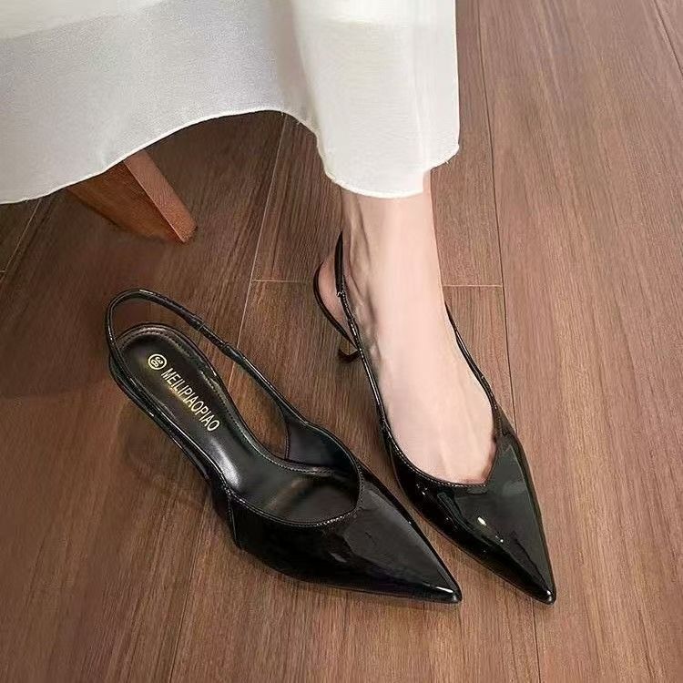High-heeled baotou kitten heel temperament pointed head half-drag wear thin heel apricot single shoes French stunning sandals 2025 summer