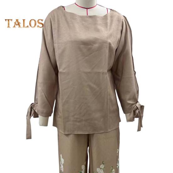 2 Pcs/Set Women Top Pants Set One Shoulder Slant Neck Three-quarter Sleeve Lace-up Cuff Blouse Flower Print Stretchy High Waist Wide Leg Trousers