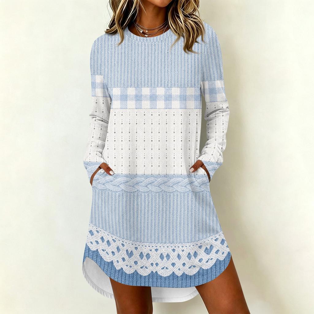 Women's Fashion Casual Geometric Print Long Sleeve Neck Dress for Everyday Wear