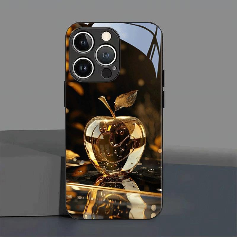 Black Golden Crystal For Apple Pattern Glass Phone Case For iPhone 17 Pro Max 16 15 14 13 12 11 16E 17Air 7 8 Plus XR XS X Cover