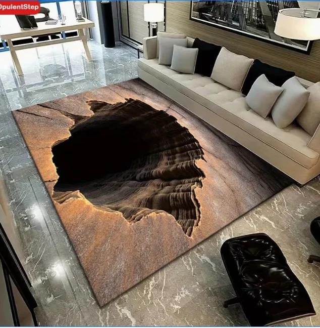 3D Visual Illusion Dark Stone Hole Pattern Floor Mat Carpet Suitable for Bedroom Living Room Bathroom Entrance Office Decoration