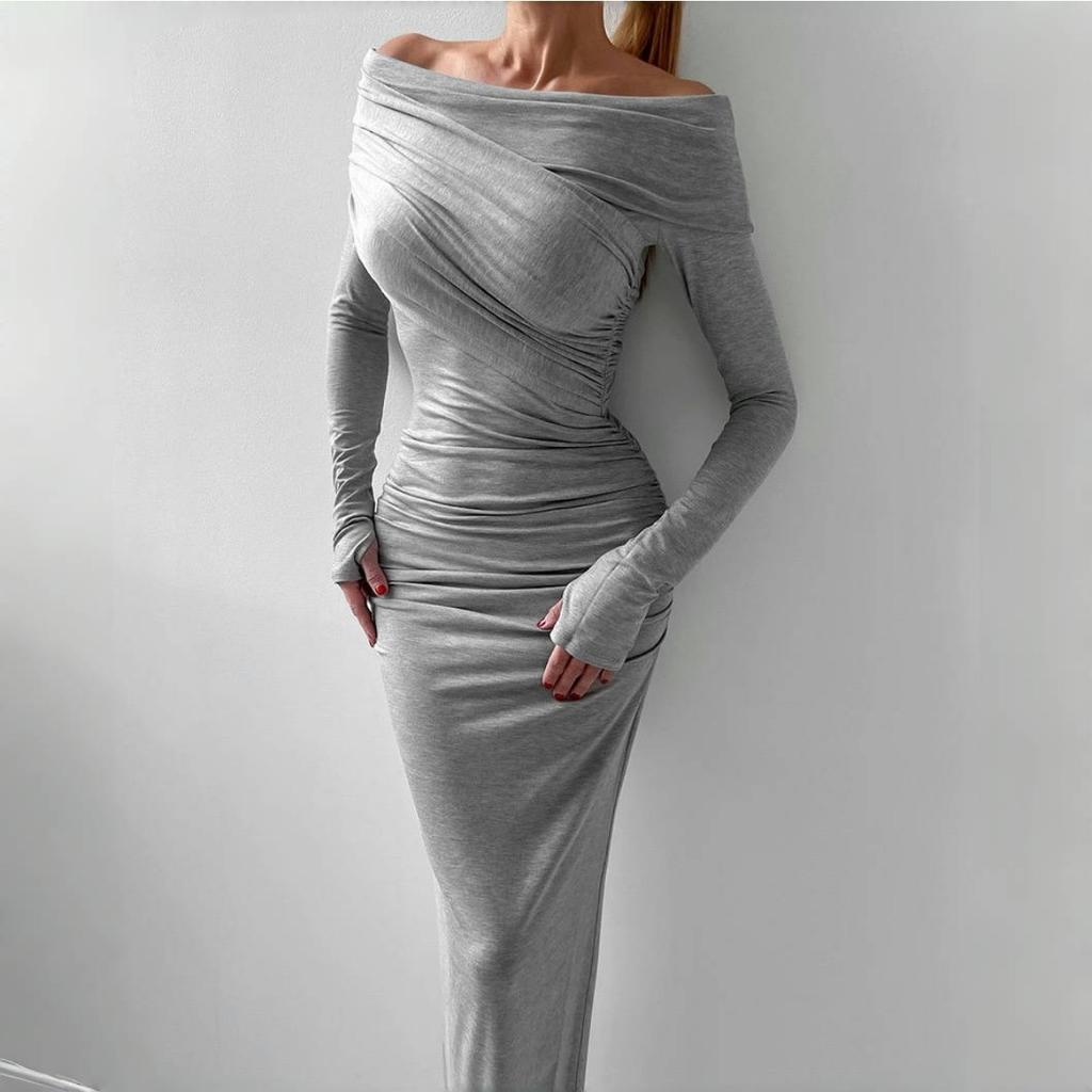 LYRIA Elegant Fashion Sexy Maxi Dresses Streetwear Off Shoulder Casual  Long Sleeve Slim Bodycon Party Vestidos Robes Female