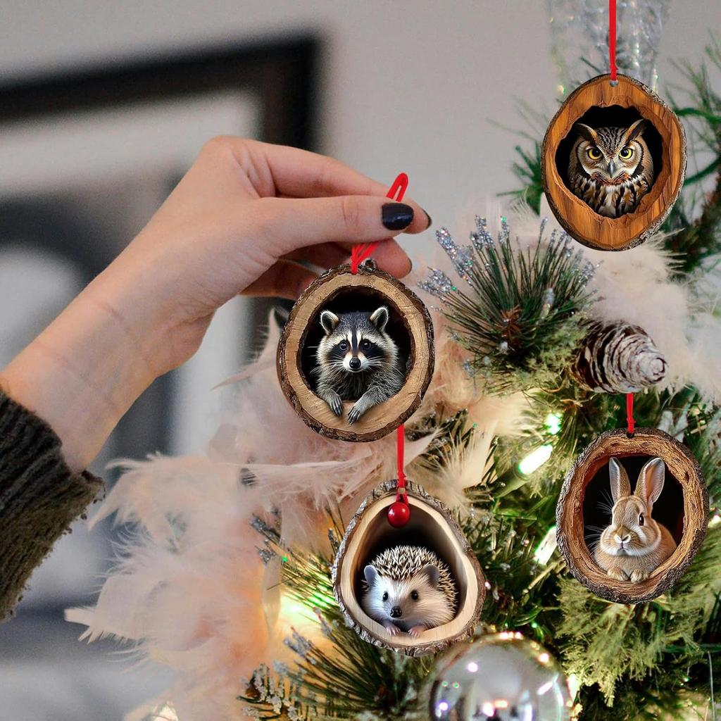 Acrylic Animal in Tree Trunk Christmas Hanging Ornaments Cute Bunny,Owl,Squirrel & Hedgehog Design Festive Pendant for Home Gift