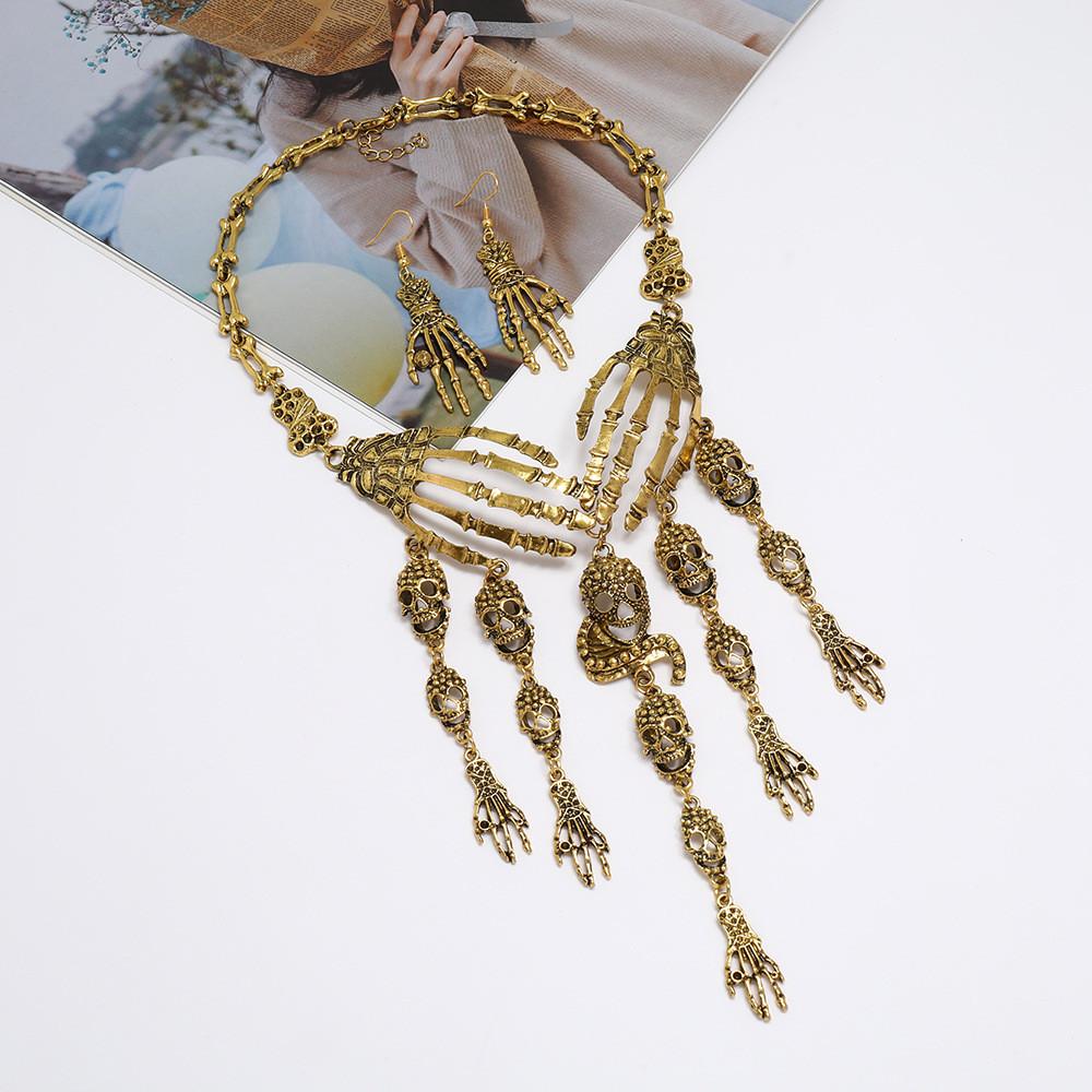 Fashion Hand Bone Women Necklace And Earring Set With Skeleton Tassel Design For Gothic Party Accessories