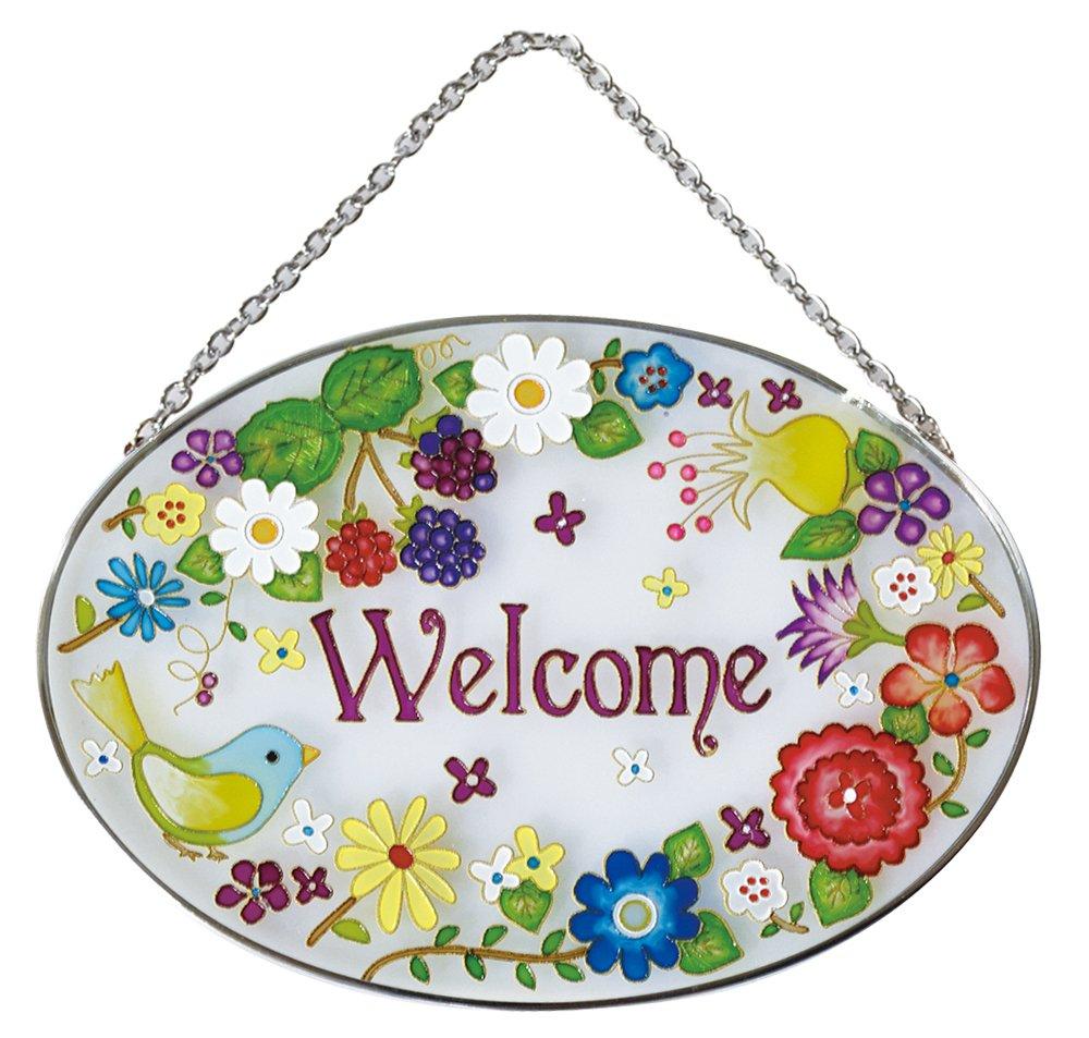 Fourcart Cute Handmade Glass Suncatcher with Forest Bird Design, Welcome, Oval