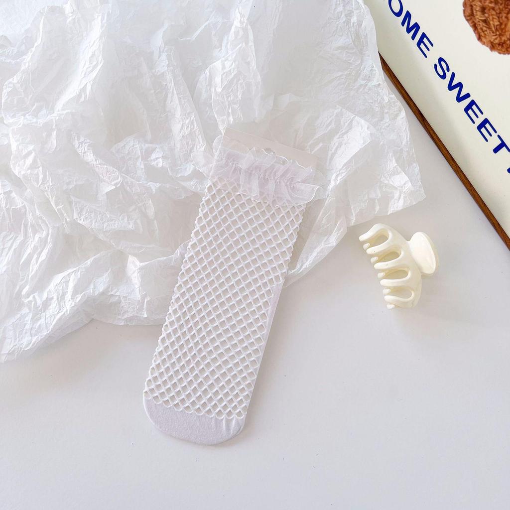 Japanese Lolita Bowknot Fishnet Lace Ankle Socks, White or Black