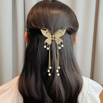 Yousheng Hair Claw Long Fringe Faux Pearls Butterflies Decor Hair Clips Women Girls Hairstyles Home Outdoor Playing Hair Decoration