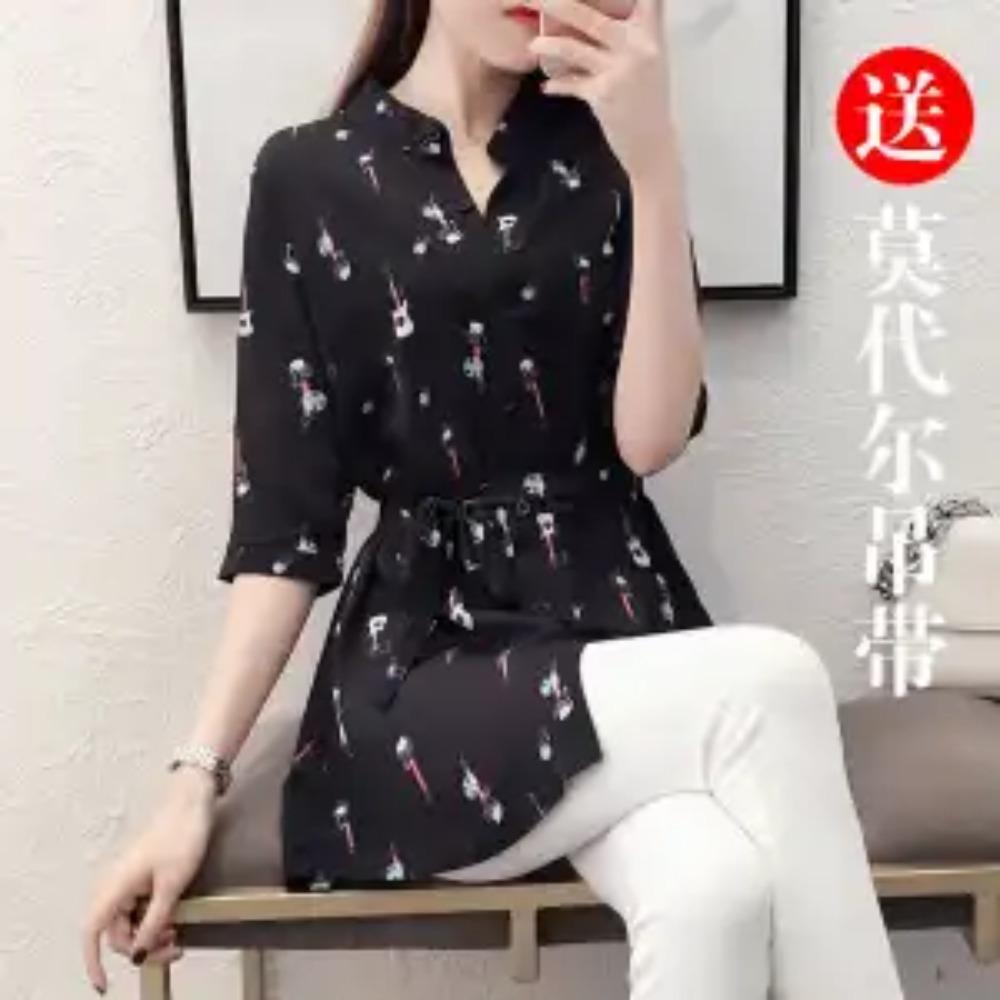 

Женская одежда Мода Блузка с принтом Элегантная кулиска на талии Свободная Летняя Повседневная С рукавом три четверти Корейская Однобортная рубашка Новинка 4XL чёрный