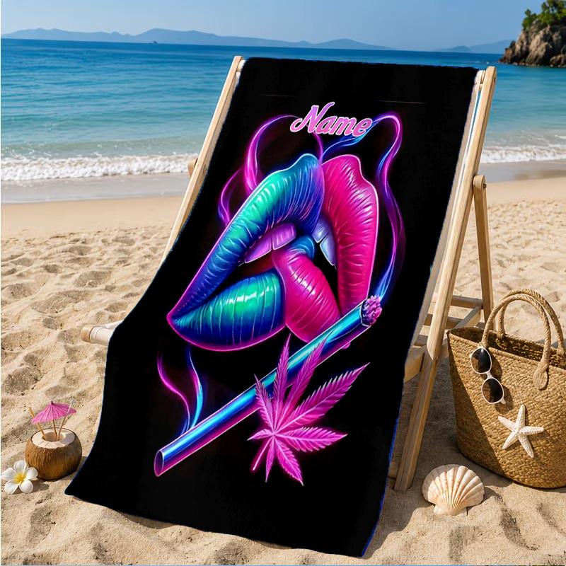 Custom Name Red Lips Art Beach Towel Microfiber Beach Towel, Lightweight and Quick-Dry, for Summer Travel, Swimming Pool Gift