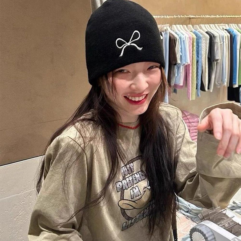 Warm Embroidery Bow Knitted Hat Bowknot Beanies Casual Knit Cap  Apparel Accessories