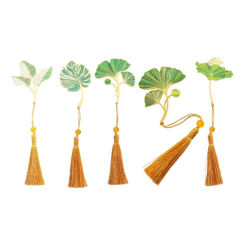 5 Pcs Chinese Style Bookmarks Page Markers Reading Bookmarkers Leaf Shape Bookmarks Metal Bookmarks with Tassels