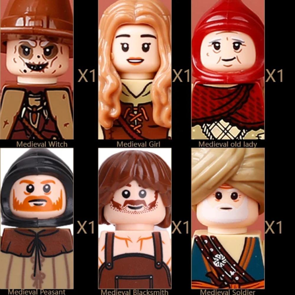 MOC Medieval Villager Figures Witch Blacksmith Farmer Building Blocks Peasant Old Lady Hoe Hammer Soldier Bricks Toys Kids Gift