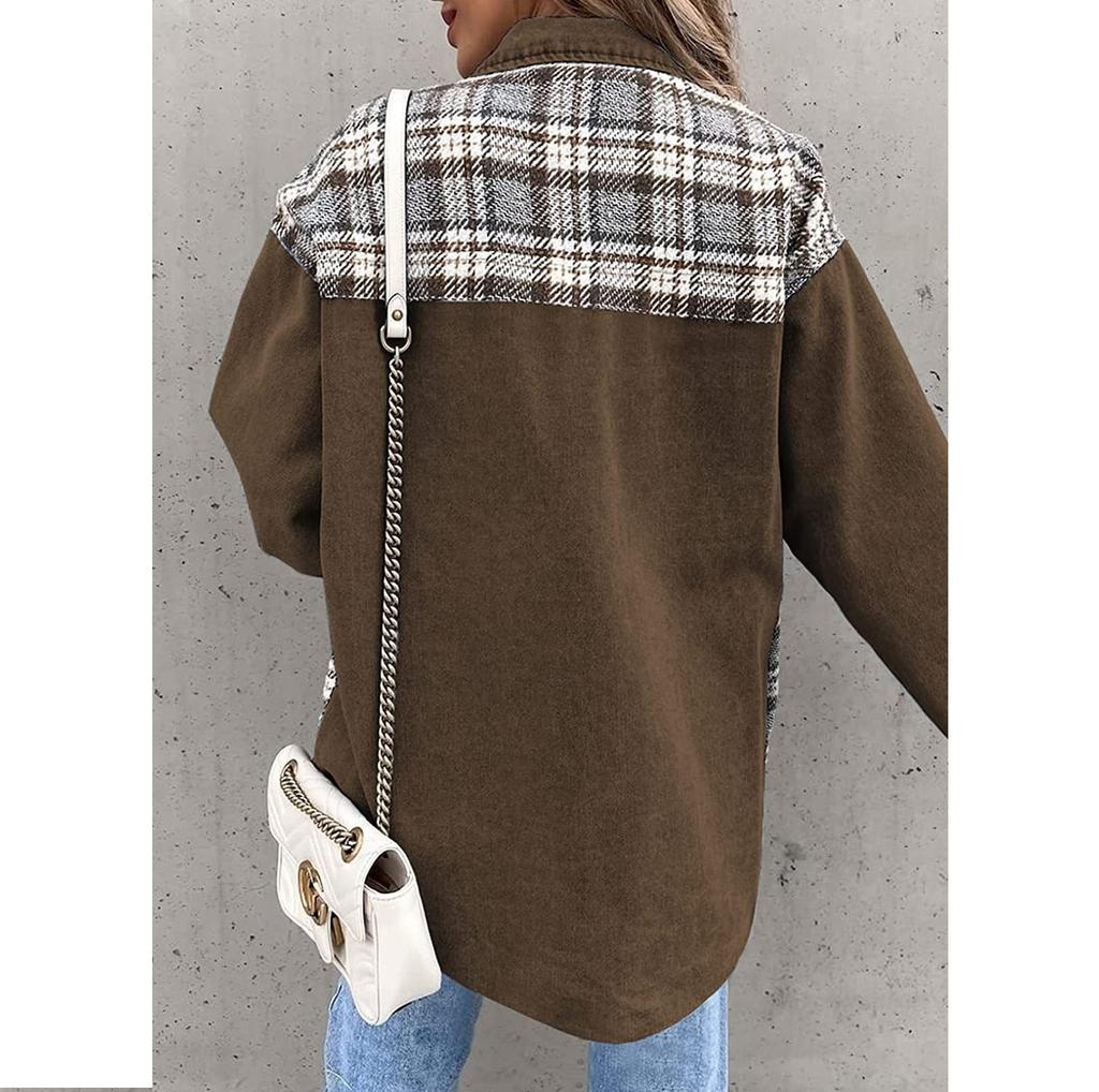 Autumn and Winter Women's Jeans Jackets, Denim Jacket Long Sleeved Checkered Button Down Shirt Jacket Top and Valve Pocket