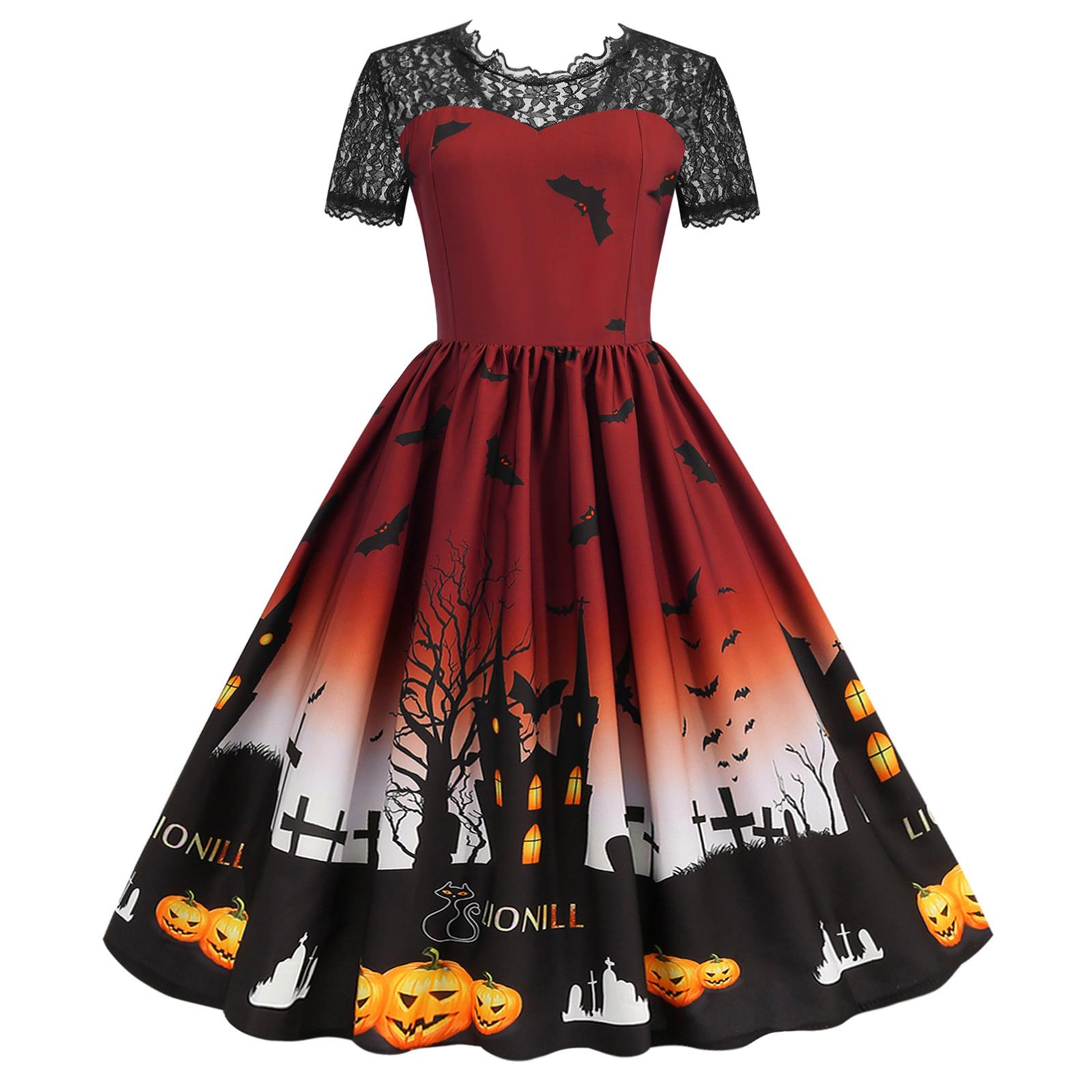

Women s Hepburn-Style Retro Lace Round Neck Short Sleeved Halloween Printed Dress L