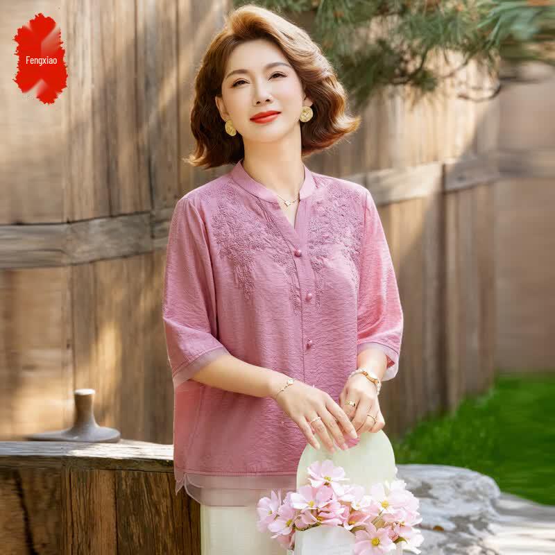 Women s Embroidered V-Neck Mid-Sleeve Summer Shirt 3XL розовый