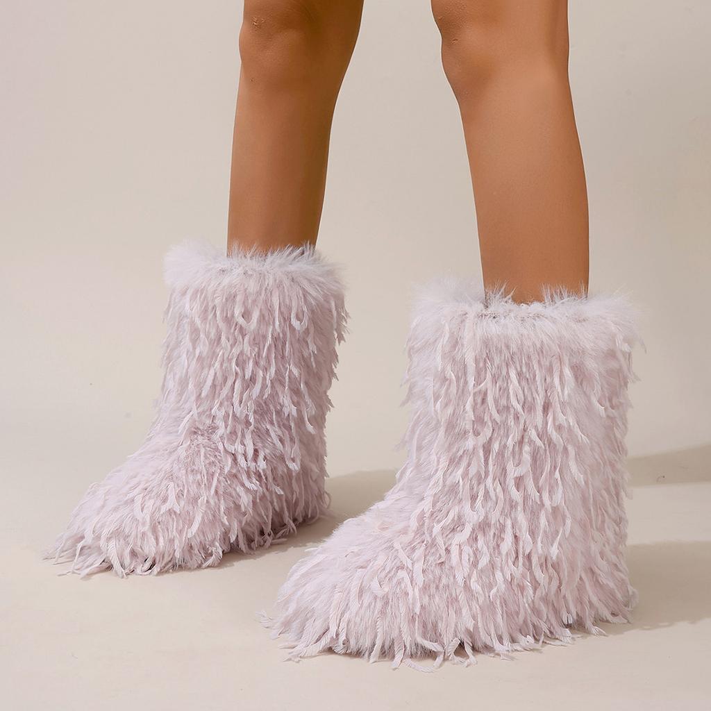 Furry Faux Fur Boots for Women Fuzzy Fluffy Mid Calf Snow Boots Winter Suede Warm Fur Lined Booties Flat Boots Women's Casual Ankle Booties Shoes
